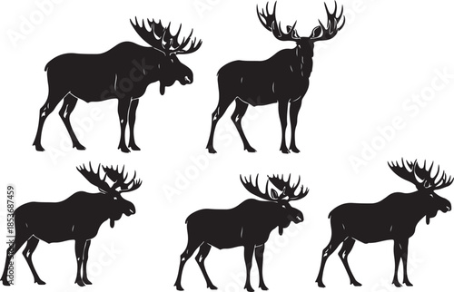 Five black silhouettes of bull moose in various poses
