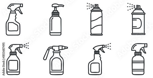 A set of cleaning spray bottles and containers in minimalist outline vector style, suitable for product packaging and branding