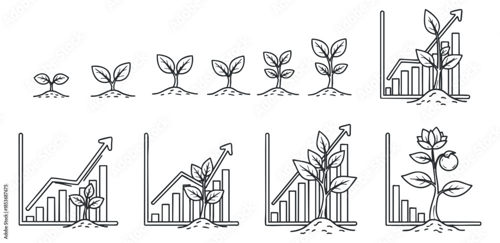 Fototapeta premium A collection of growth illustrations featuring plants and charts in minimalist line art vector style, suitable for eco-friendly business presentations