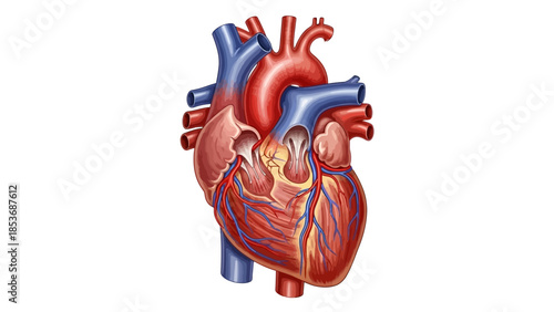 Detailed illustration of the human heart anatomy with visible chambers and blood vessels