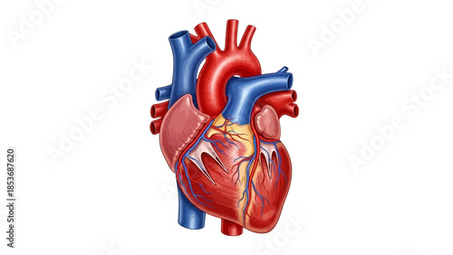 Detailed illustration of a human heart showcasing its anatomy and structure from a frontal viewpoint