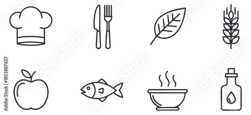 A collection of kitchen and food-related icons including a chef hat, cutlery, leaves, and ingredients in minimalist outline vector style, ideal for culinary branding and menus