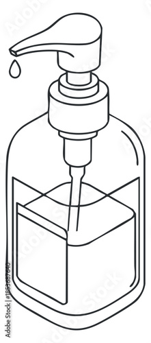 A soap dispenser bottle with a pump in minimalist outline vector style, ideal for personal care and hygiene branding