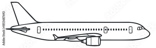 An outline illustration of a commercial airplane in black and white vector style, suitable for travel and aviation-related designs