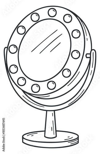 A stylish vanity mirror with a round frame and decorative lights in hand-drawn outline vector style, perfect for beauty and fashion projects