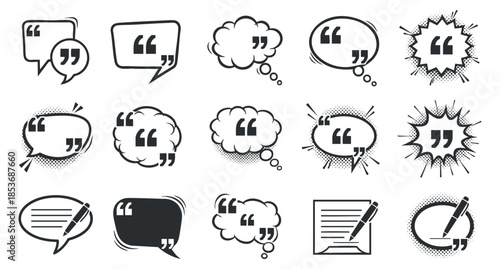 A collection of speech bubbles and quote icons in black and white outline vector style, perfect for communication and dialogue design