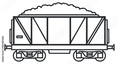 A coal freight train cart in minimalist line art vector style, suitable for transportation and industrial themes