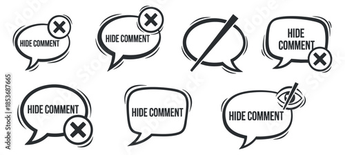 A set of various hide comment icons in black and white outline vector style, suitable for user interface design and social media applications