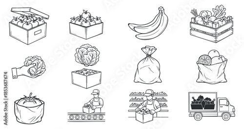 A collection of grocery and produce icons including fruits, vegetables, and delivery elements in minimalist line art vector style, suitable for food-related projects