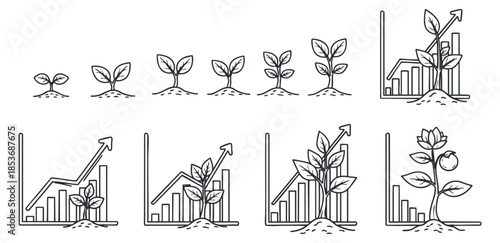 A collection of growth illustrations featuring plants and charts in minimalist line art vector style, suitable for eco-friendly business presentations