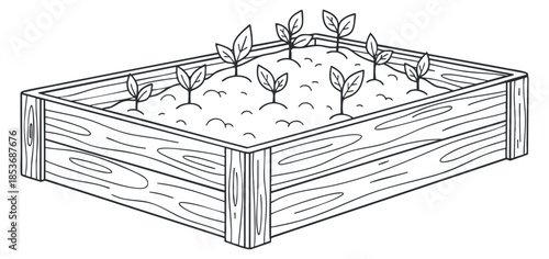A wooden garden box filled with soil and young plants in a simple line art style, perfect for gardening projects