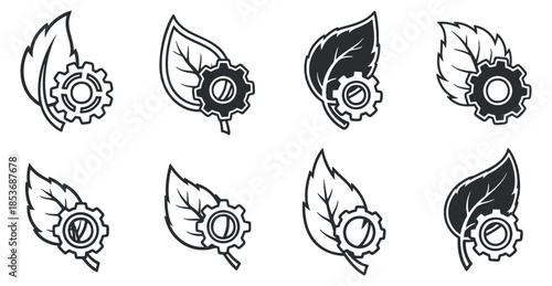 A collection of leaf and gear icons in clean outline vector style, suitable for eco-friendly technology and innovation projects