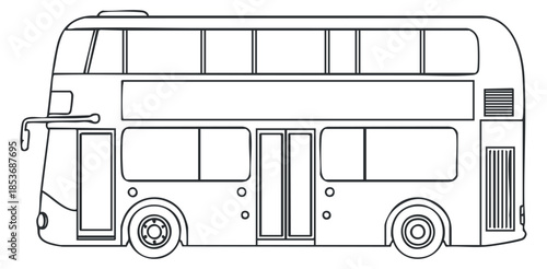 A side view of a double-decker bus in black and white outline vector style, ideal for urban transportation design
