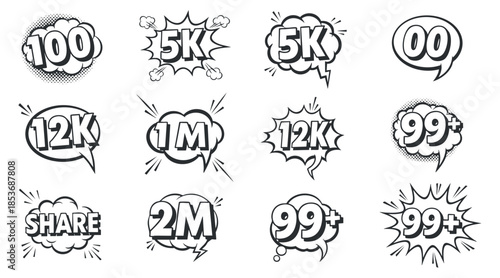 A set of social media engagement icons featuring various numbers in black and white vector style, ideal for digital marketing and branding