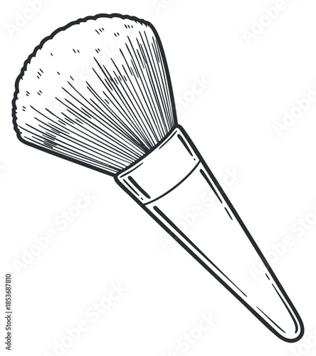 A detailed outline of a fluffy makeup brush in minimalist black and white vector style, suitable for beauty and cosmetics design