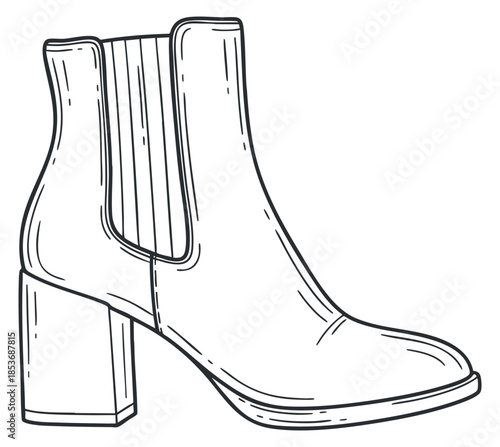 A stylish high-heeled boot in black and white outline vector style, ideal for fashion design and branding