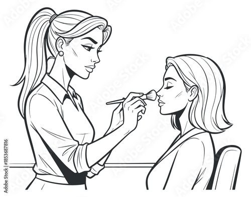 A makeup artist applying cosmetics to a client's face in a clean black and white line art vector style, ideal for beauty and wellness branding