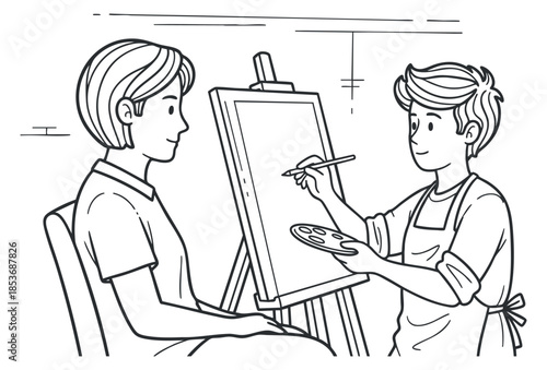 A scene of an artist painting on a canvas while a model poses in a minimalist black and white vector style, suitable for art education and creative projects