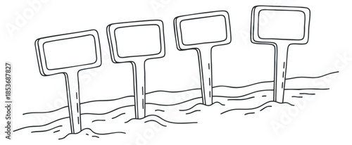 A set of four blank signs on poles in a simple outline style, suitable for customizable signage or directional indicators