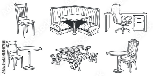 A set of various furniture pieces including chairs, tables, and desks in minimalist outline vector style, suitable for interior design projects