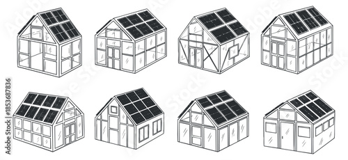 A collection of eight greenhouse illustrations in black and white outline vector style, ideal for gardening and eco-friendly design projects
