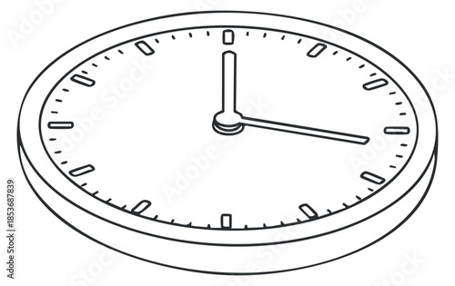 An outline illustration of a round analog clock with hour and minute hands in minimalist vector style, suitable for time-related designs