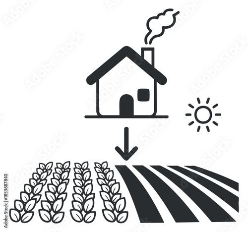 A simple illustration of a house above a field of crops in black and white minimalist vector style, ideal for agricultural concepts