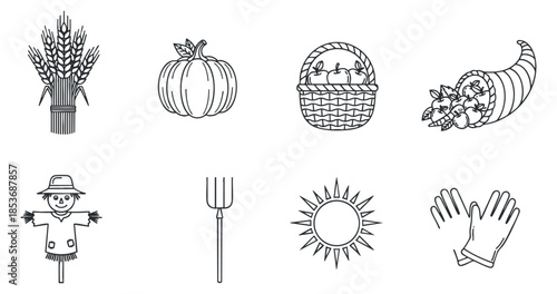 A collection of autumn harvest icons including a scarecrow, pumpkin, cornucopia, and gardening tools in black and white outline vector style, ideal for seasonal design projects