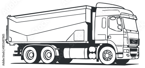 A side view of a heavy-duty truck with a cargo container in outline vector style, suitable for transportation and logistics branding