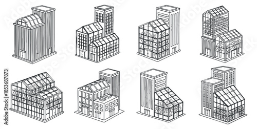 A collection of eight unique building designs in minimalist outline vector style, suitable for urban architecture projects or graphic design