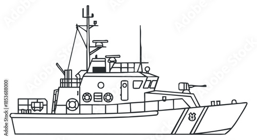 A detailed outline illustration of a marine rescue ship in vector style, suitable for maritime-themed projects