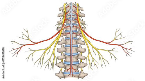 Detailed anatomical illustration of the human spine and nervous system from a posterior view