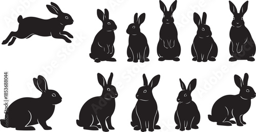 Group of rabbit silhouettes in different poses bunny
