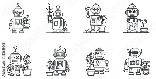 A collection of cute line art robots interacting with plants in minimalist vector style, perfect for gardening and technology themes