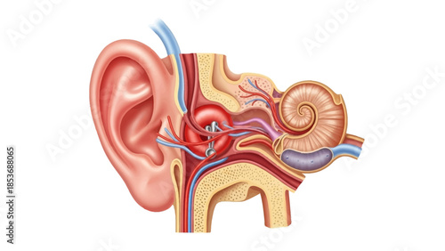 Detailed anatomical illustration of the human ear's internal structures and nerves