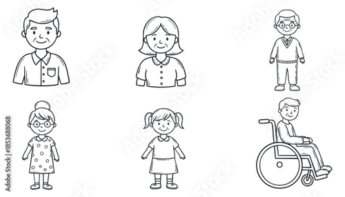 A collection of diverse people illustrations including children and adults in black and white line art style, suitable for educational materials and inclusivity themes