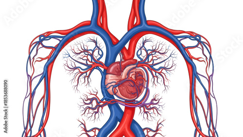 Detailed illustration of the human cardiovascular system showing heart and major blood vessels