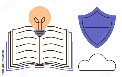 Open book with glowing lightbulb above symbolizes knowledge and ideas. Blue shield represents protection, while cloud hints at cloud technology. Ideal for education, creativity, learning, security