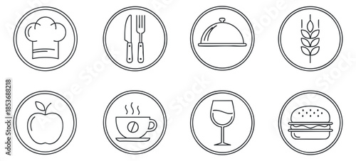 A collection of food and dining icons including a chef, utensils, dish, and various food items in outline vector style, suitable for restaurant branding and menus