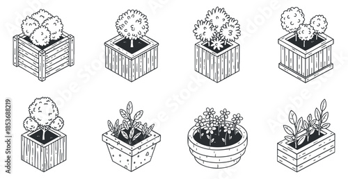 A collection of hand-drawn potted plants in wooden planters, illustrated in black and white outline style, perfect for gardening themes