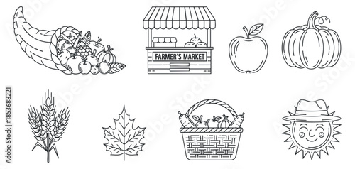 A collection of farmer's market elements including a cornucopia, pumpkin, apple, vegetables, and a market stand in black and white outline vector style, suitable for food-related projects