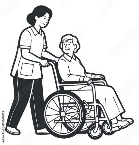 A caregiver assisting an elderly person in a wheelchair in a simple black and white outline vector style, suitable for healthcare and wellness projects