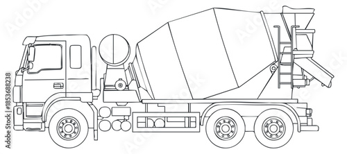 A cement mixer truck in outline style, showcasing a detailed design of construction vehicle, ideal for engineering and industrial projects