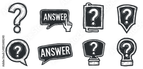 A set of question and answer icons in a hand-drawn style, suitable for educational and communication designs