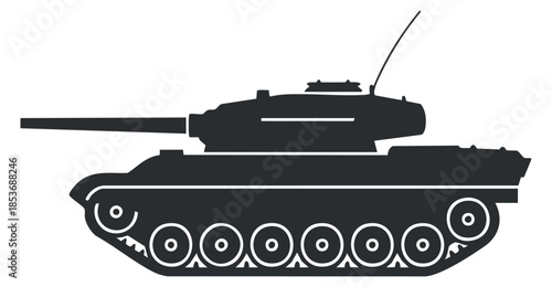 A military tank silhouette in black vector style, suitable for war-themed graphics and design projects