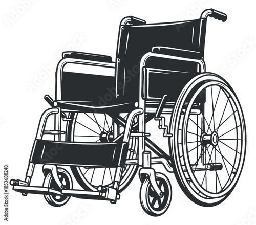 A detailed outline of a wheelchair in black and white vector style, suitable for healthcare and accessibility projects