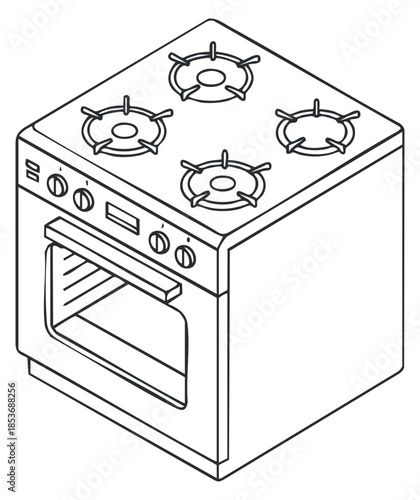 A detailed outline illustration of a kitchen stove with four gas burners in flat vector style, suitable for kitchen design projects