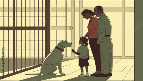 Family Meeting a Dog at Animal Shelter: Child's First Interaction with Potential Pet, Adoption Concept