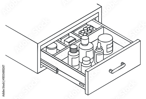 A detailed drawer filled with various bottles and containers in clean outline vector style, ideal for home organization projects