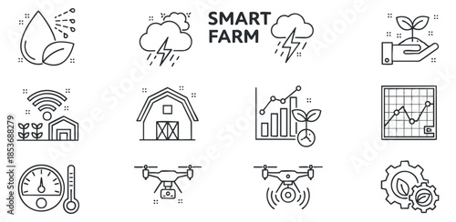 A collection of smart farm icons including irrigation, weather, drone technology, and analytics in minimalist line vector style, ideal for agriculture technology projects